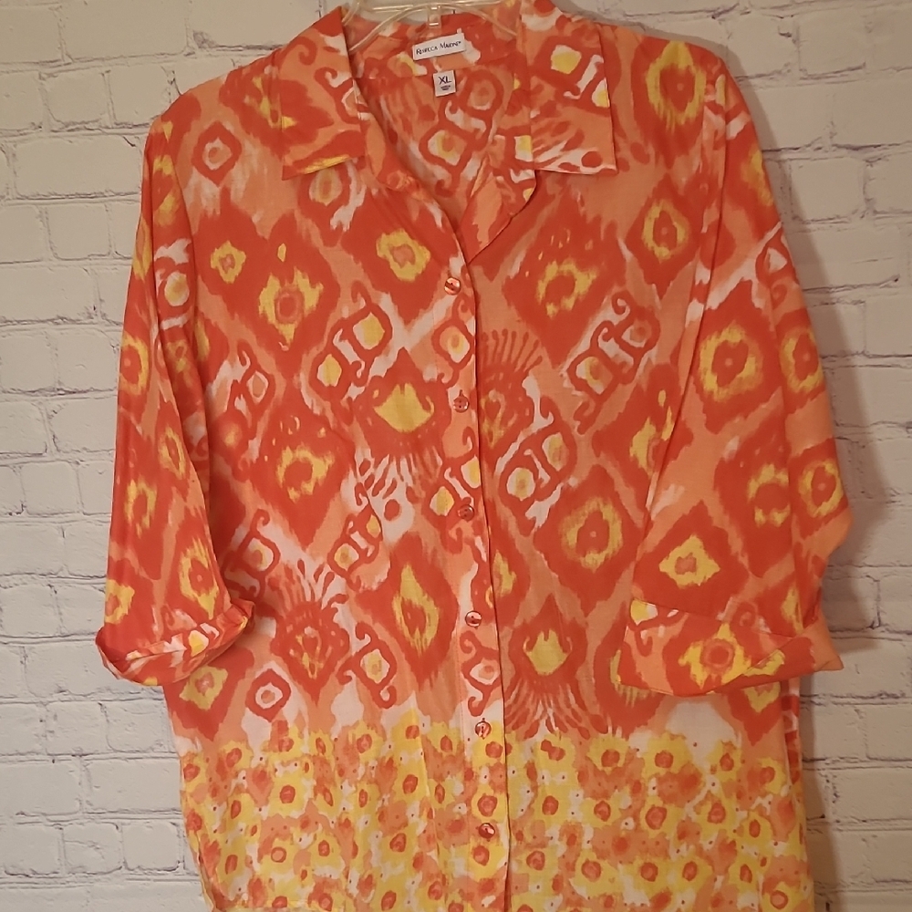 Orange Yellow Size XL Lightweight Top 3/4 Sleeve Cotton Button Front Vibrant